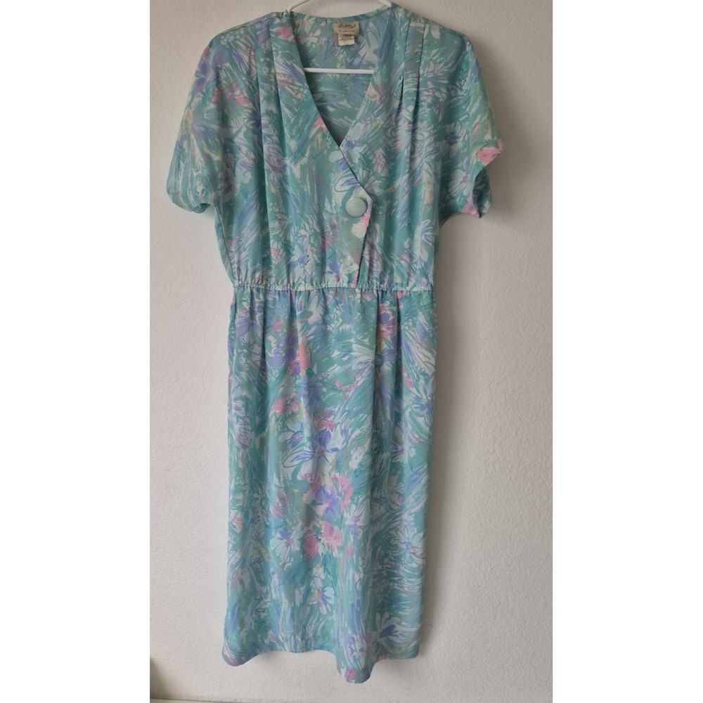 Luci Fellini Dress Womens 8P Blue Floral V-‎ Neck Short Sleeve A Line USA VTG